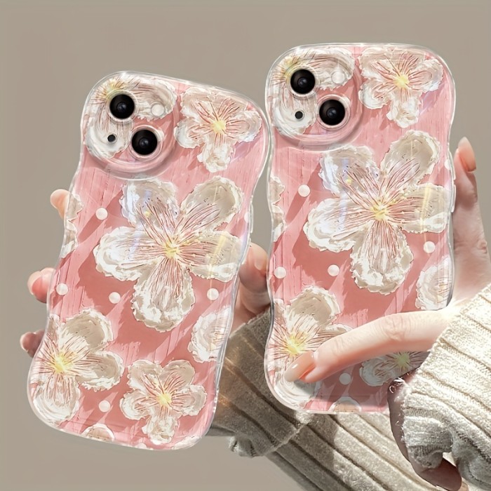 One-Piece Pink Mobile Phone Case, Irregular Design, Strict Protection of The Camera, White Flowers Are Elegant And Cute, Suitable for Apple Mobile Phones