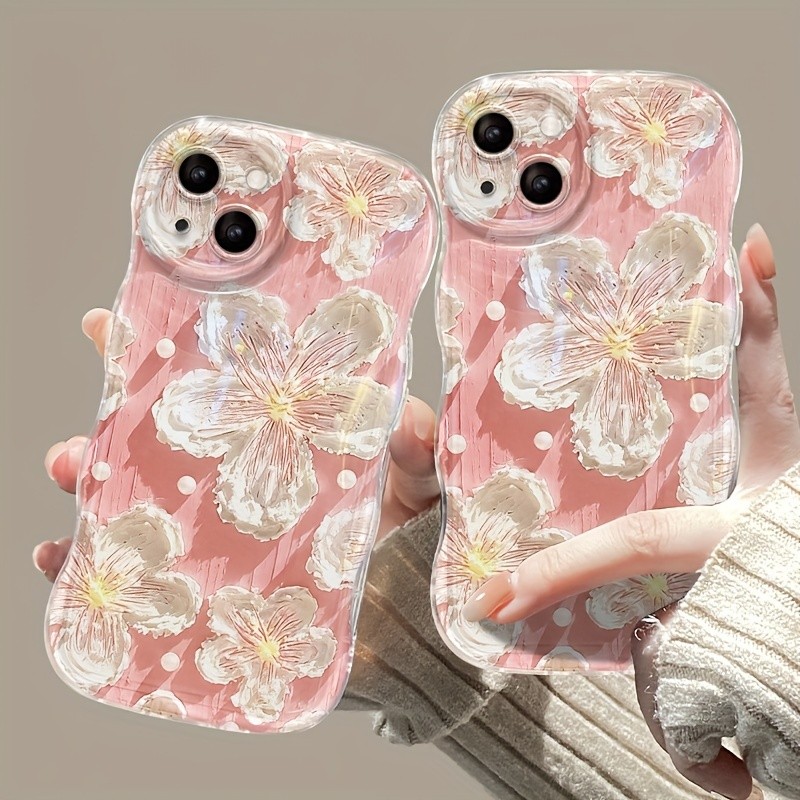 One-Piece Pink Mobile Phone Case, Irregular Design, Strict Protection of The Camera, White Flowers Are Elegant And Cute, Suitable for Apple Mobile Phones