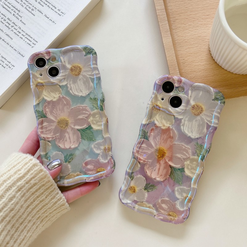Wave Edge Blue Light Flower Art Oil Painting Mobile Phone Case TPU Full Cover Mobile Phone Case Anti-fall Mobile Phone Protection Case Non-3D Touch Suitable for iPhone