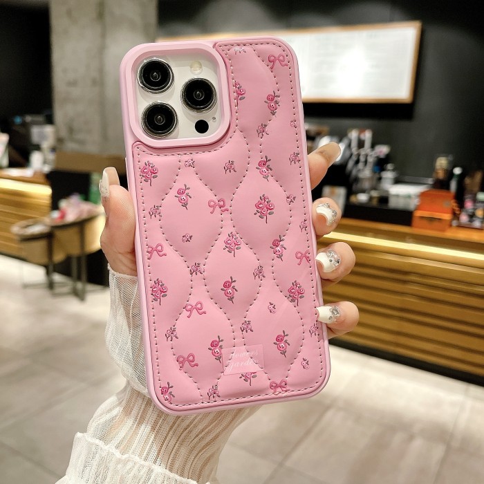 Luxury Down Jacket Texture Cute Style Painted TPU Phone Case, Compatible with iPhone 12 13 14 15 Pro Max - Elegant Pink Floral Design Protective Cover
