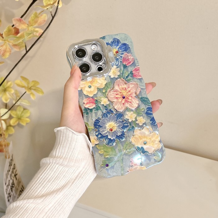 Lens Holder Blue Background with Blue, Pink And Yellow Flowers + Light Green Background with Multiple Bunches of Sunflowers Phone Case Suitable for Apple Phone 16 15 14 13 12 Pro Promax