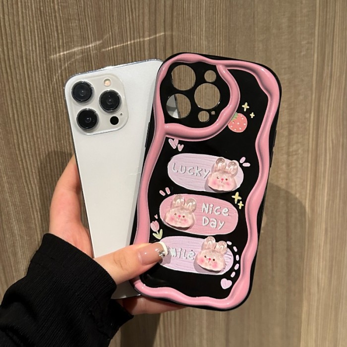 3D Rabbit Wavy Edge TPU Phone Case for Iphone 11\u002F12\u002F13\u002F14\u002F15\u002F16 Pro Max, 16\u002F15\u002F14Plus with Lanyard, Anti-Fouling, Good-Looking, Popular