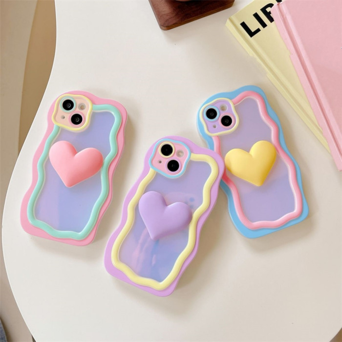 Creative Contrast Color Three-Dimensional Big Heart Mobile Phone Case for 11 12 13 14 15 16 Pro Max Full Cover Anti-Fall Mobile Phone Protective Case