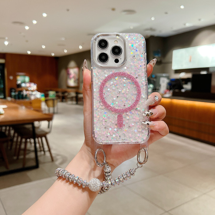 Fashionable, High-Quality, And Powerful Magnetic Flash Phone Case That Can Change Color with Viewing Angle, Suitable for Iphone 16 15 14 13 12 11 Pro Max Pulsars, Equipped with A Sparkling Artificial Diamond Chain, Suitable As A Protective Case for Girls As A Gift