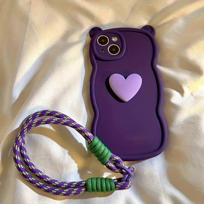 Festive Cat Ear Silicone Phone Case with Heart for iPhone 15 Pro Max, 13\u002F14, 12, 11, XS Max - Includes TPU Material, Shockproof, Anti-Fall, and Detachable Rope Keychain