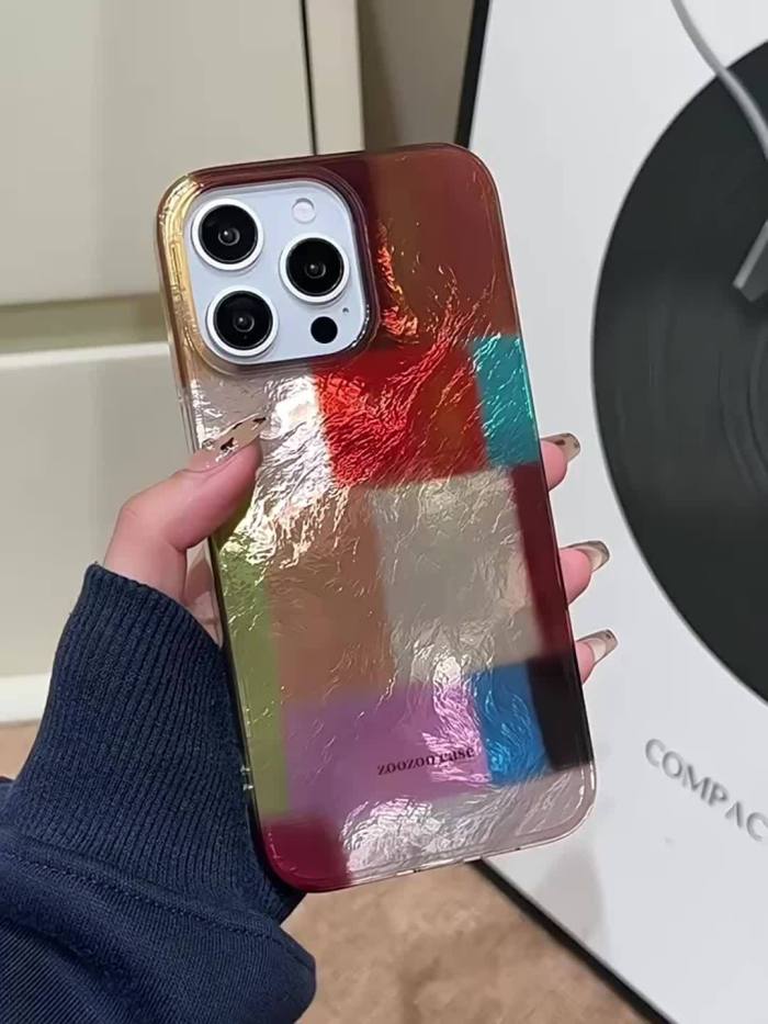 Cute Candy Colorful Splicing Lattice Laser Phone Case for iPhone 16 15 14 13 12 Pro Max 11 Lovely Leopard Print Bracelet Chain Protective Back Cover
