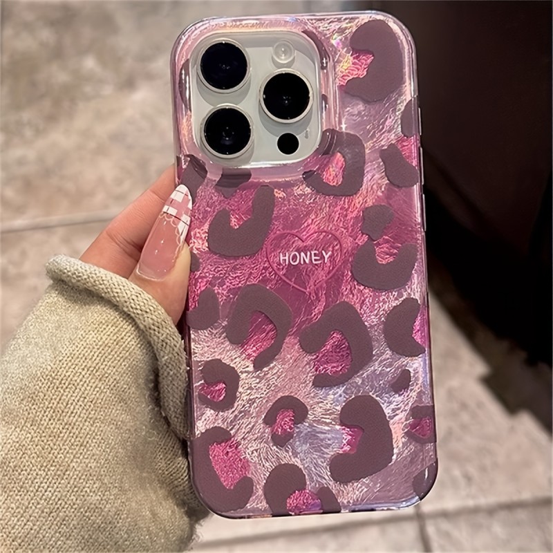 Cute Pink Leopard Print Laser Phone Case for iPhone 16 15 14 13 12 Pro Max 11 Stylish Lovely Heart Protective Back Cover
