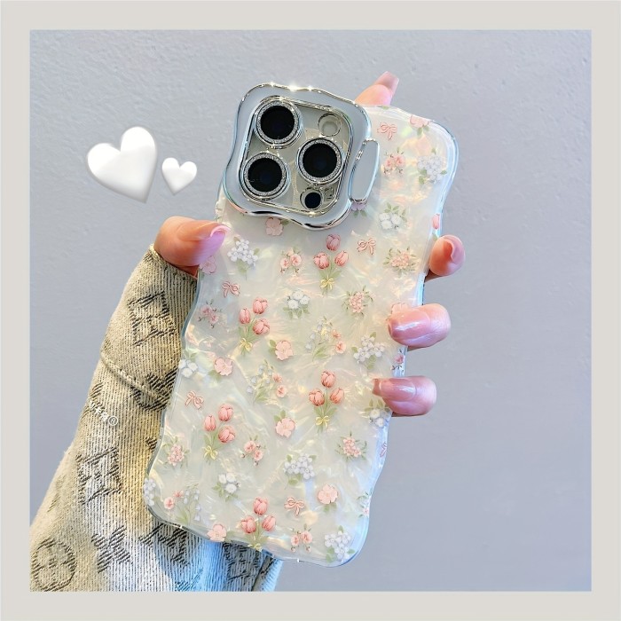Small Fresh Rose Flower Mobile Phone Case with Lens Film and Lens Holder Suitable for iPhone
