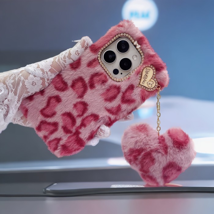 Plush Mobile Phone Case Rose Red Leopard Print Love Pendant