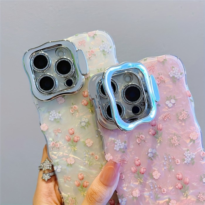 Small Fresh Rose Flower Mobile Phone Case with Lens Film and Lens Holder Suitable for iPhone