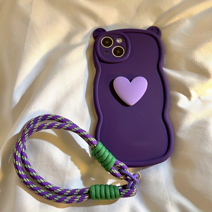 Festive Cat Ear Silicone Phone Case with Heart for iPhone 15 Pro Max, 13\u002F14, 12, 11, XS Max - Includes TPU Material, Shockproof, Anti-Fall, and Detachable Rope Keychain