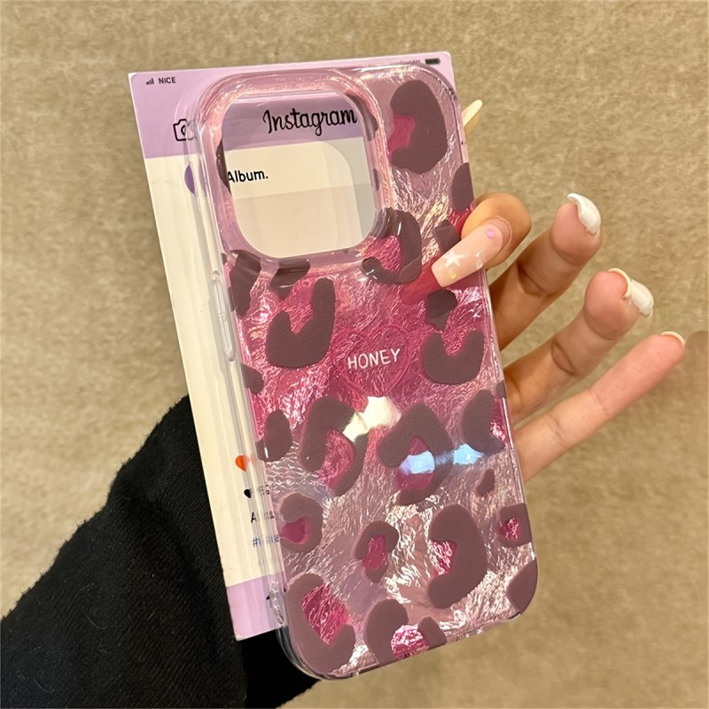 Cute Pink Leopard Print Laser Phone Case for iPhone 16 15 14 13 12 Pro Max 11 Stylish Lovely Heart Protective Back Cover