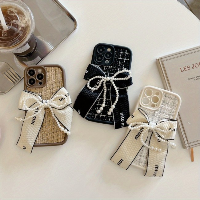 New Anti-fall Plush Small Fragrance Wind Pearl Bow Mobile Phone Case for iPhone X XS XR XSMAX 11 12 13 14 15 16 Plus Promax