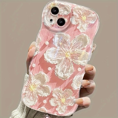 One-Piece Pink Mobile Phone Case, Irregular Design, Strict Protection of The Camera, White Flowers Are Elegant And Cute, Suitable for Apple Mobile Phones