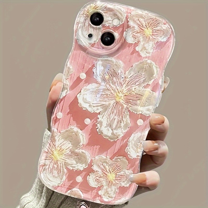 One-Piece Pink Mobile Phone Case, Irregular Design, Strict Protection of The Camera, White Flowers Are Elegant And Cute, Suitable for Apple Mobile Phones