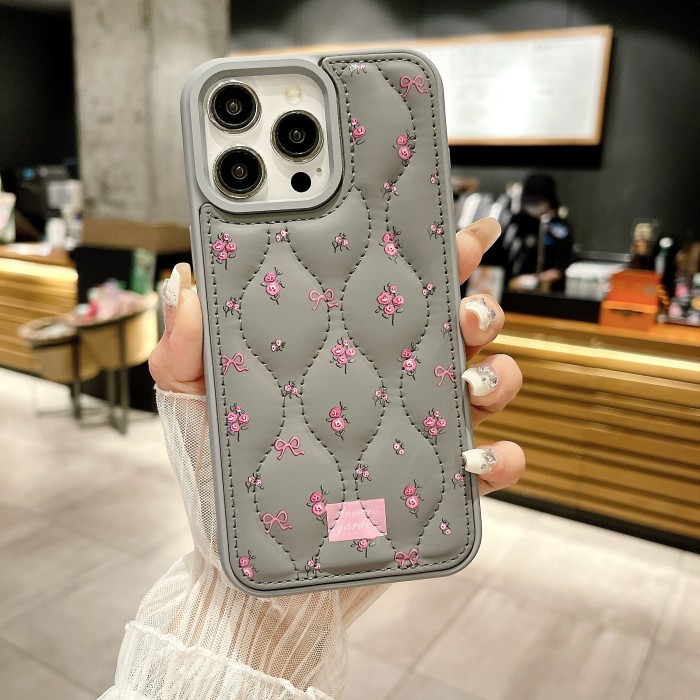Luxury Down Jacket Texture Cute Style Painted TPU Phone Case, Compatible with iPhone 12 13 14 15 Pro Max - Elegant Pink Floral Design Protective Cover