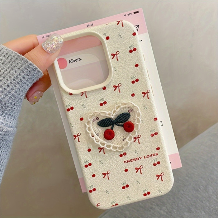 Korean Cute 3D Embroidery Cherry Bowknot Bow Lychee Pattern Soft Phone Case for Iphone 16 15 14 13 12 11 Pro Max 16 14 15 Plus Back Cover