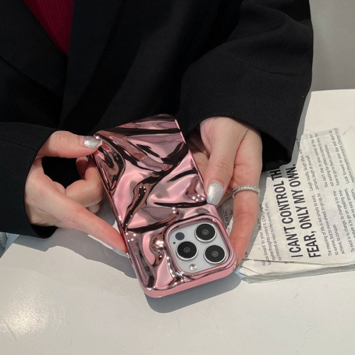 3D Water Ripple Electroplating Rose Gold Plated High-end Texture Fashion Street Popular Suitable for Apple Protective Case Creative for IPhone16 15 14 13 12 11 plus Pro Max Mobile Phone Case Set