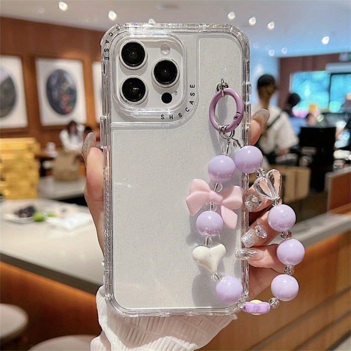 Solid Color Bling Phone Case For iPhone 12 Pro 13 Pro Max 14 Plus 15 Pro Max, Luxury Plastic Anti-drop Cover With Bead Wristband, Phone Shell Back Skin