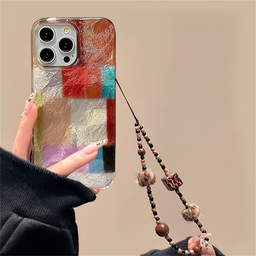 Cute Candy Colorful Splicing Lattice Laser Phone Case for iPhone 16 15 14 13 12 Pro Max 11 Lovely Leopard Print Bracelet Chain Protective Back Cover