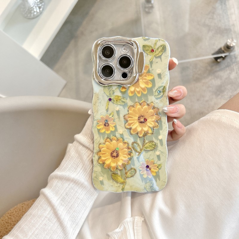 Lens Holder Blue Background with Blue, Pink And Yellow Flowers + Light Green Background with Multiple Bunches of Sunflowers Phone Case Suitable for Apple Phone 16 15 14 13 12 Pro Promax