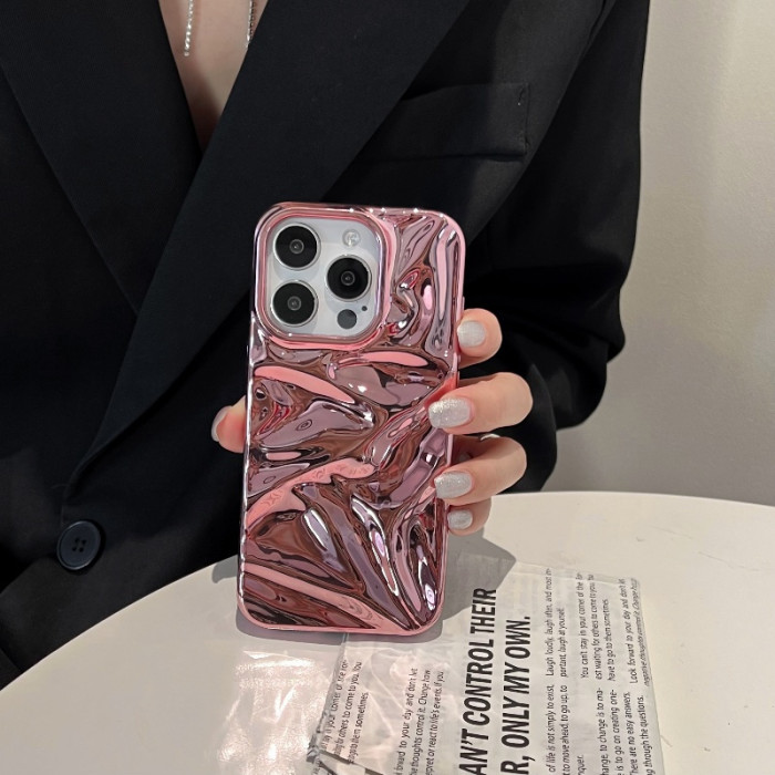3D Water Ripple Electroplating Rose Gold Plated High-end Texture Fashion Street Popular Suitable for Apple Protective Case Creative for IPhone16 15 14 13 12 11 plus Pro Max Mobile Phone Case Set