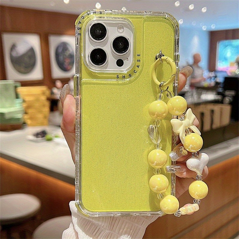 Solid Color Bling Phone Case For iPhone 12 Pro 13 Pro Max 14 Plus 15 Pro Max, Luxury Plastic Anti-drop Cover With Bead Wristband, Phone Shell Back Skin