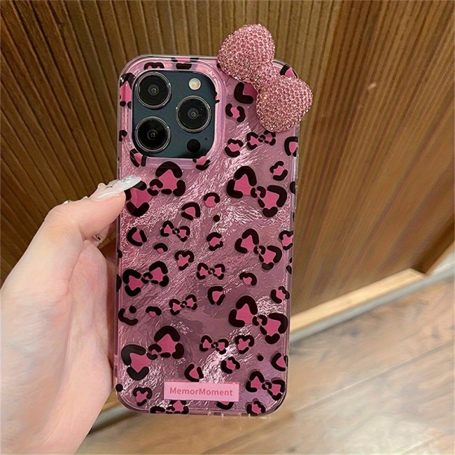 Luxury Rhinestone Bow Leopard Print Pattern Phone Case Compatible with Iphone 16 15 14 13 12 11 Pro Max Cute Bowknot Shockproof Cases Cover