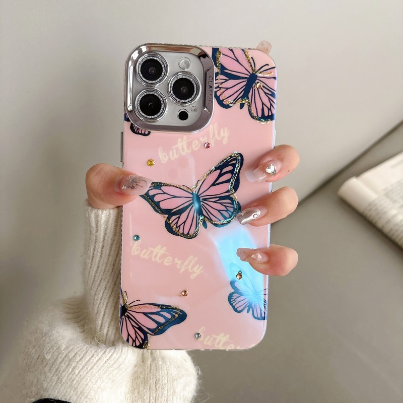 TPU Butterfly Phone Case with Diamond Accents and Air Cushion Drop Protection for Apple iPhone 11\u002F12\u002F13\u002F14\u002F15 Series - Soft Protective Cover