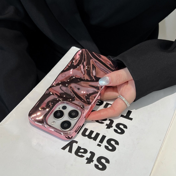 3D Water Ripple Electroplating Rose Gold Plated High-end Texture Fashion Street Popular Suitable for Apple Protective Case Creative for IPhone16 15 14 13 12 11 plus Pro Max Mobile Phone Case Set