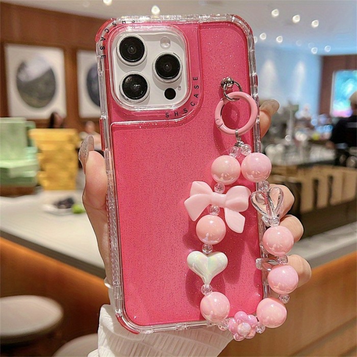 Solid Color Bling Phone Case For iPhone 12 Pro 13 Pro Max 14 Plus 15 Pro Max, Luxury Plastic Anti-drop Cover With Bead Wristband, Phone Shell Back Skin