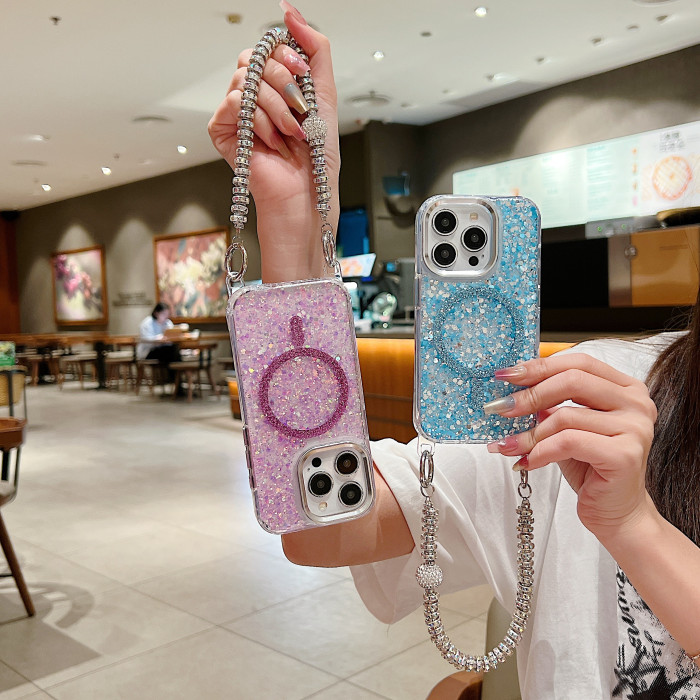 Fashionable, High-Quality, And Powerful Magnetic Flash Phone Case That Can Change Color with Viewing Angle, Suitable for Iphone 16 15 14 13 12 11 Pro Max Pulsars, Equipped with A Sparkling Artificial Diamond Chain, Suitable As A Protective Case for Girls As A Gift