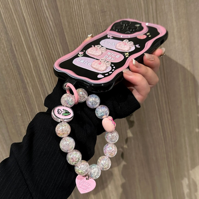 3D Rabbit Wavy Edge TPU Phone Case for Iphone 11\u002F12\u002F13\u002F14\u002F15\u002F16 Pro Max, 16\u002F15\u002F14Plus with Lanyard, Anti-Fouling, Good-Looking, Popular