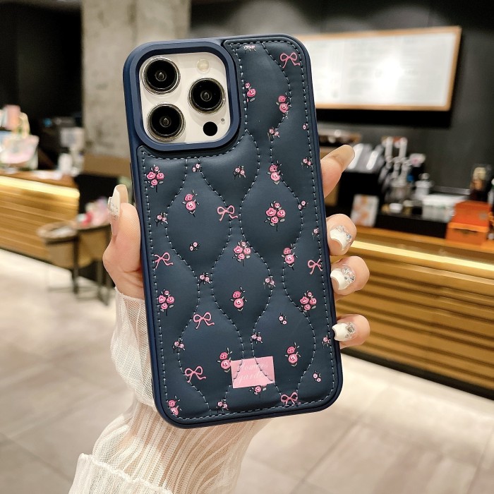 Luxury Down Jacket Texture Cute Style Painted TPU Phone Case, Compatible with iPhone 12 13 14 15 Pro Max - Elegant Pink Floral Design Protective Cover