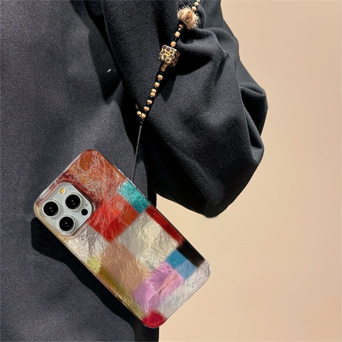 Cute Candy Colorful Splicing Lattice Laser Phone Case for iPhone 16 15 14 13 12 Pro Max 11 Lovely Leopard Print Bracelet Chain Protective Back Cover
