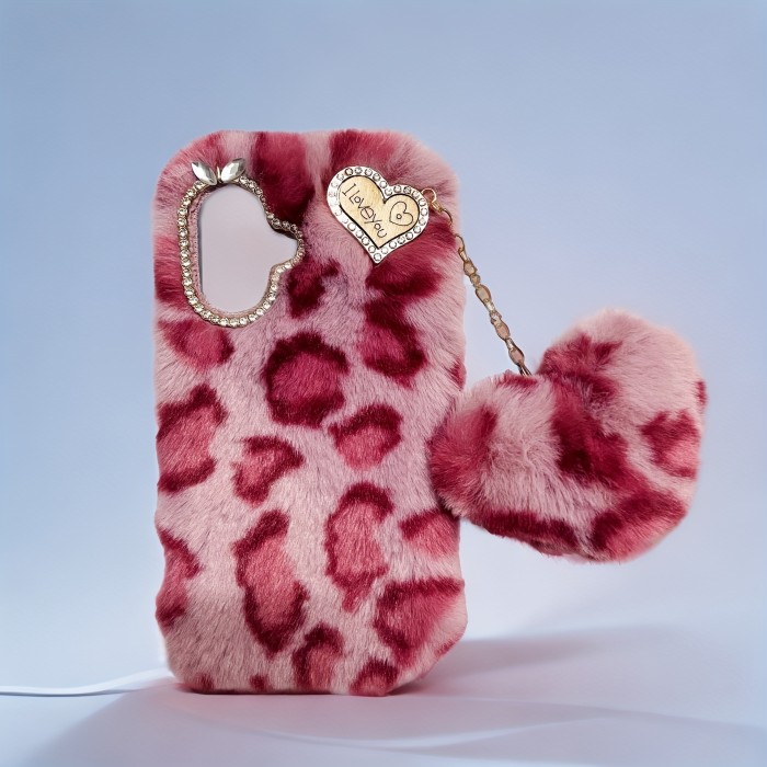 Plush Mobile Phone Case Rose Red Leopard Print Love Pendant