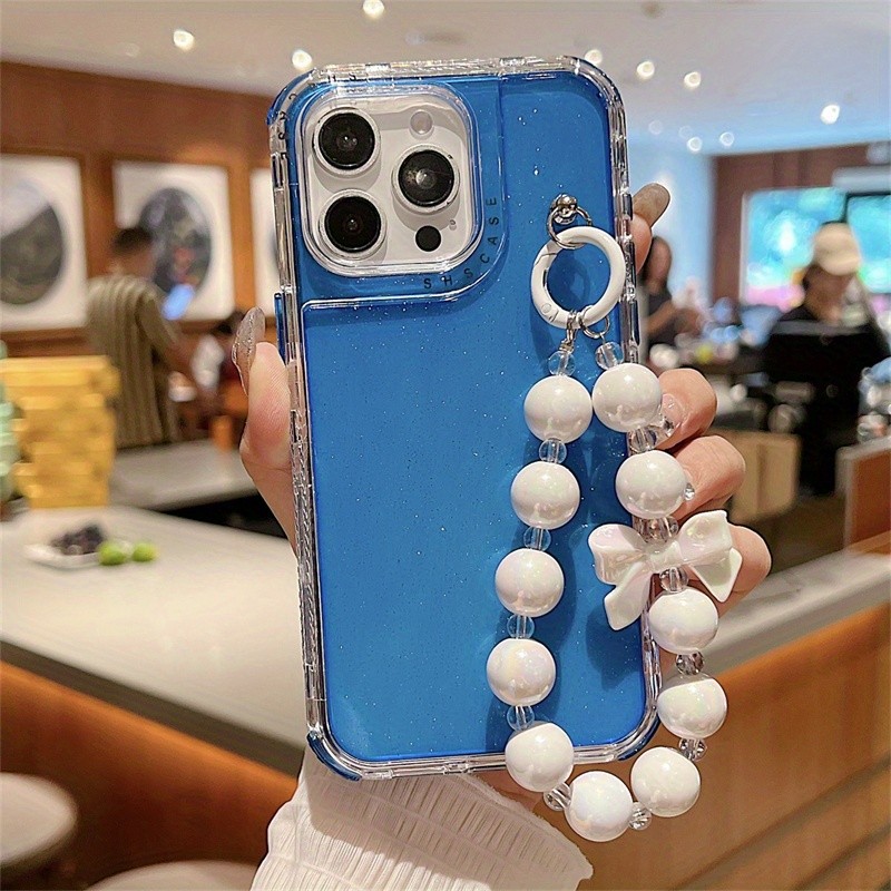 Blue\u002FYellow\u002FRose-red\u002FClear shine phone case PC material Shockproof for iPhone 11 13 14 13 12Pro 15Plus 15ProMax Heat dissipation with bow bracelet, all around anti-drop