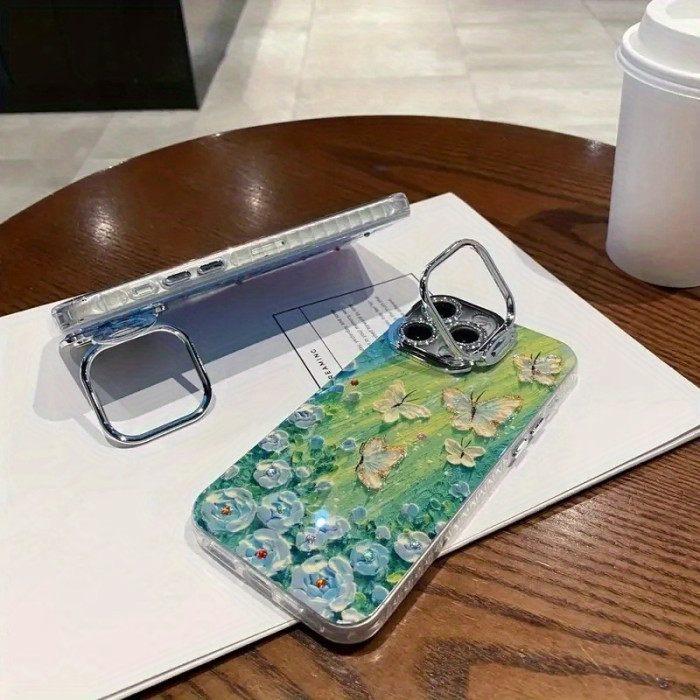 Wave Butterfly And Blue Rose Butterfly Phone Cases, Oil Painting Fine Hole Glitter Powder Holder, Suitable For IPhone 11\u002F 12\u002F 13\u002F 14\u002F 15pro\u002F Max\u002F Plus, Oil Painting Style Butterfly Phone Case With Lens Film To Protect The Camera