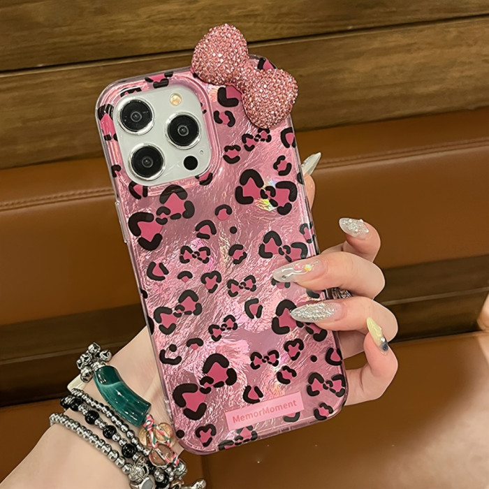 Luxury Rhinestone Bow Leopard Print Pattern Phone Case Compatible with Iphone 16 15 14 13 12 11 Pro Max Cute Bowknot Shockproof Cases Cover
