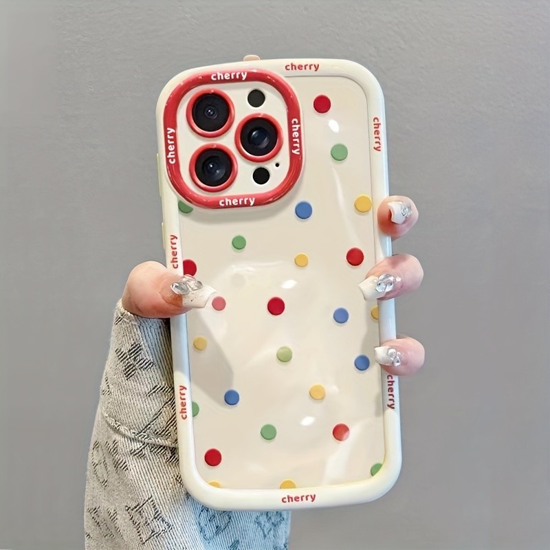 Cream Shell Colorful Cherry Doll Colorful Polka Dot Mobile Phone Case with Lanyard Suitable for Apple 11 12 13 14 15 16 promax