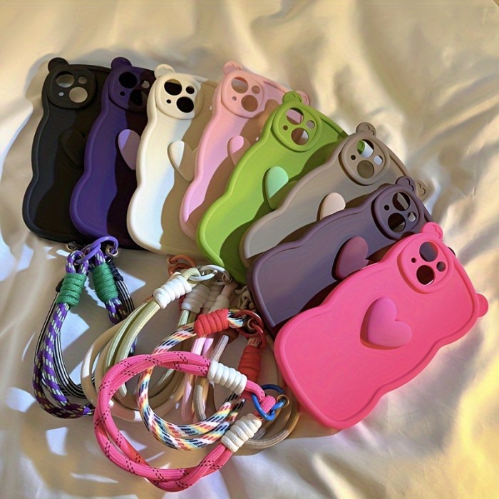 Festive Cat Ear Silicone Phone Case with Heart for iPhone 15 Pro Max, 13\u002F14, 12, 11, XS Max - Includes TPU Material, Shockproof, Anti-Fall, and Detachable Rope Keychain
