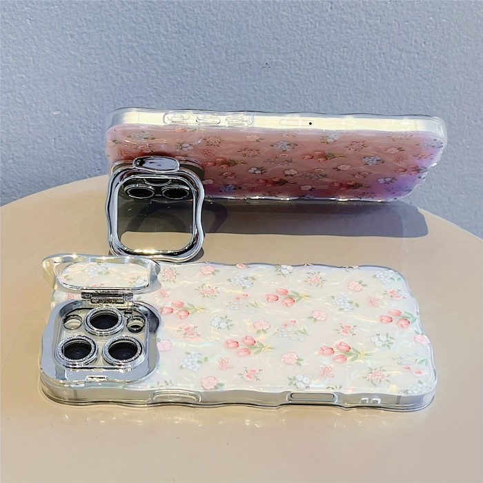 Small Fresh Rose Flower Mobile Phone Case with Lens Film and Lens Holder Suitable for iPhone