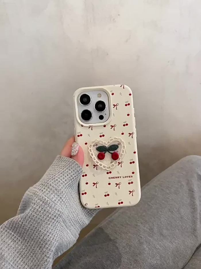 Korean Cute 3D Embroidery Cherry Bowknot Bow Lychee Pattern Soft Phone Case for Iphone 16 15 14 13 12 11 Pro Max 16 14 15 Plus Back Cover