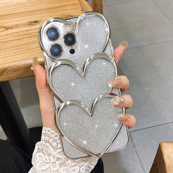 Electroplating Hollow Heart + Glitter Cardboard For IPhone 14 Pro Max Silve