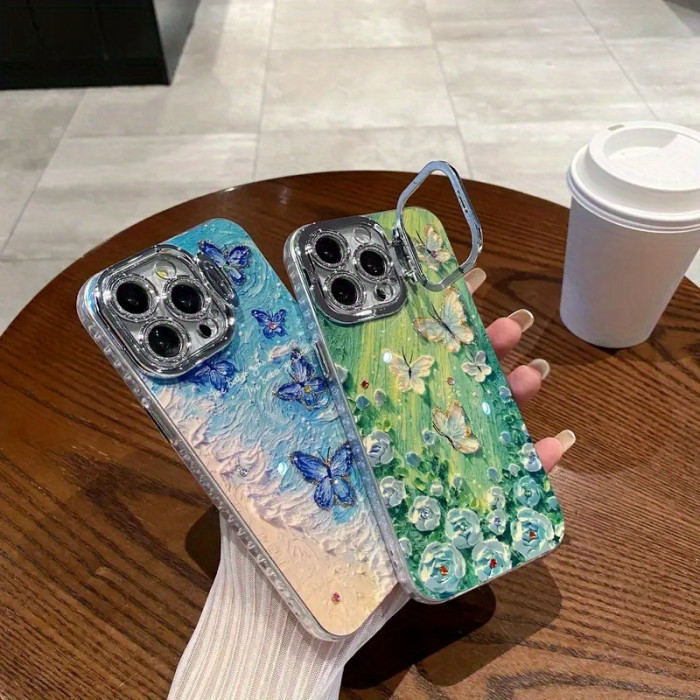 Wave Butterfly And Blue Rose Butterfly Phone Cases, Oil Painting Fine Hole Glitter Powder Holder, Suitable For IPhone 11\u002F 12\u002F 13\u002F 14\u002F 15pro\u002F Max\u002F Plus, Oil Painting Style Butterfly Phone Case With Lens Film To Protect The Camera