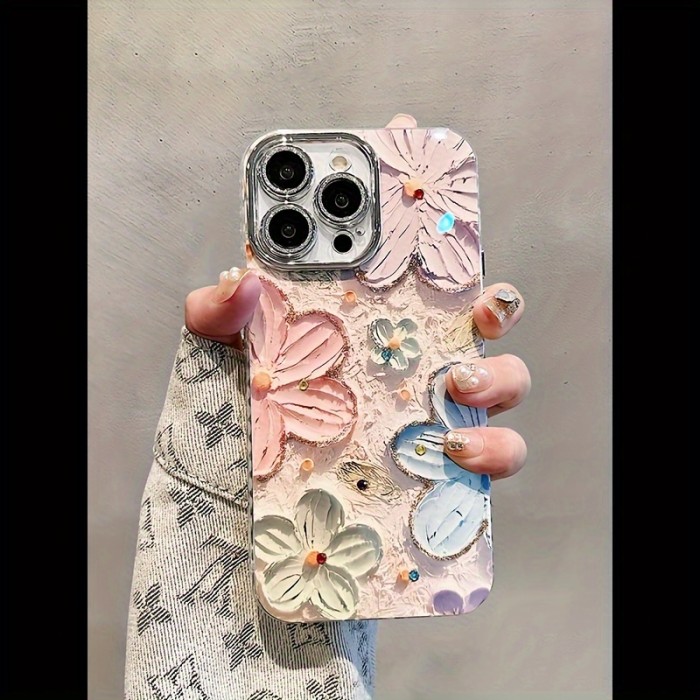 Oil Painting Flowers Pattern Protective Phone Case, Suitable For IPhone 15 Pro\u002F14 Pro Max\u002F13\u002F12 Pro Max\u002F11 Lens Full Coverage High-end New Anti-fall Protective Case