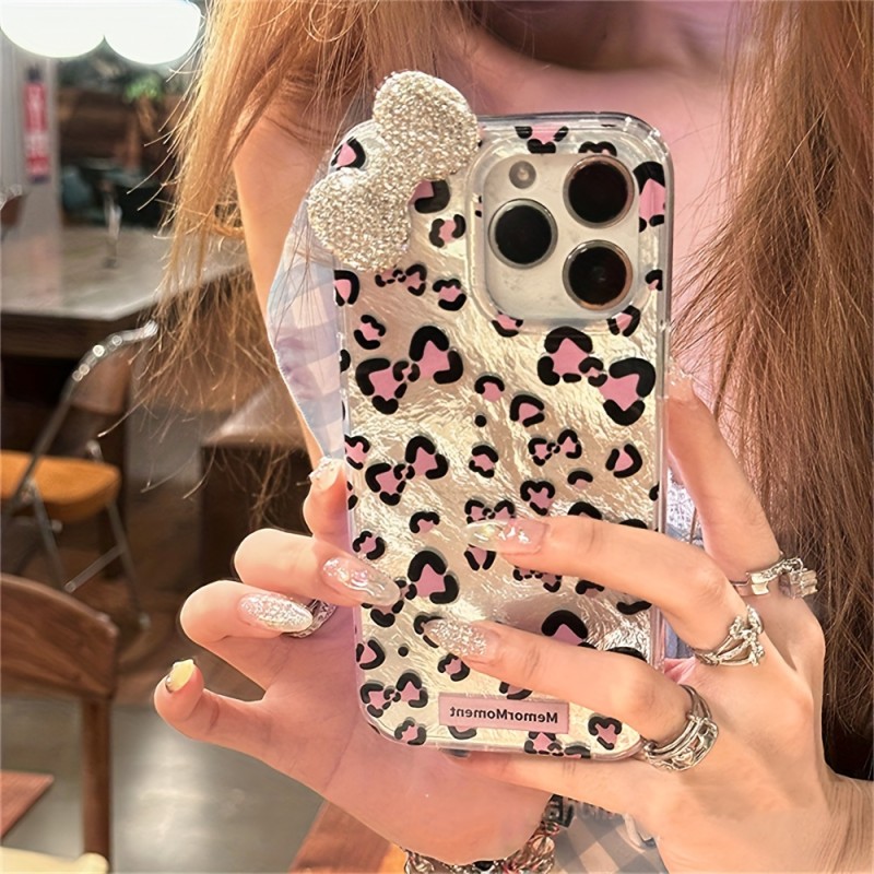 Luxury Rhinestone Bow Leopard Print Pattern Phone Case Compatible with Iphone 16 15 14 13 12 11 Pro Max Cute Bowknot Shockproof Cases Cover