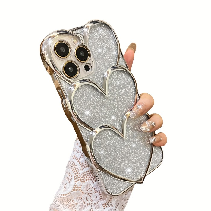 Electroplating Hollow Heart + Glitter Cardboard For IPhone 14 Pro Max Silve