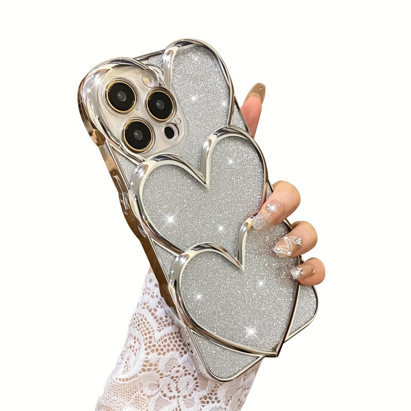 Electroplating Hollow Heart + Glitter Cardboard For IPhone 14 Pro Max Silve