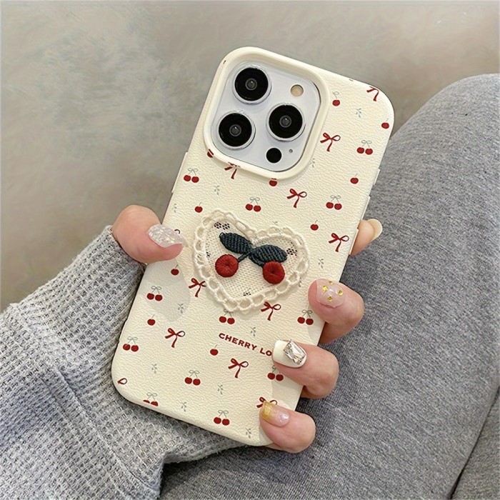 Korean Cute 3D Embroidery Cherry Bowknot Bow Lychee Pattern Soft Phone Case for Iphone 16 15 14 13 12 11 Pro Max 16 14 15 Plus Back Cover